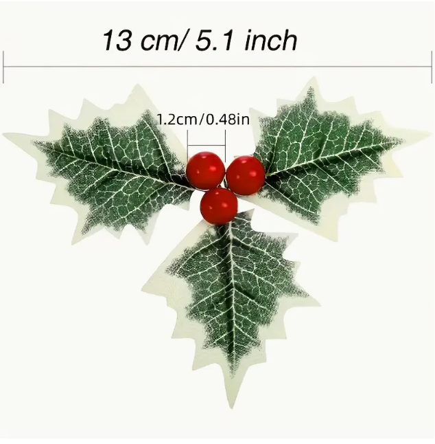 50 pieces artificial holly berries with green leaves