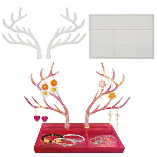 Antler tree jewellery display rack and storage box silicon molds set