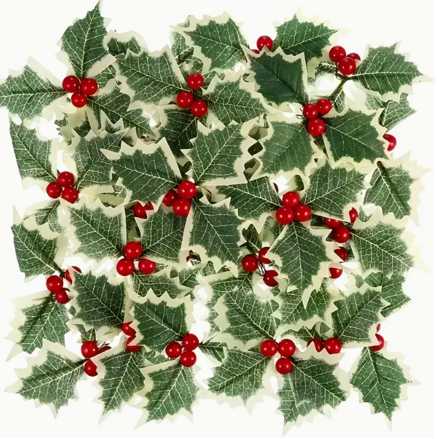 50 pieces artificial holly berries with green leaves