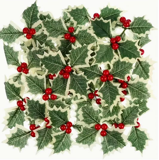 50 pieces artificial holly berries with green leaves