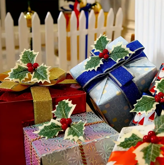 50 pieces artificial holly berries with green leaves