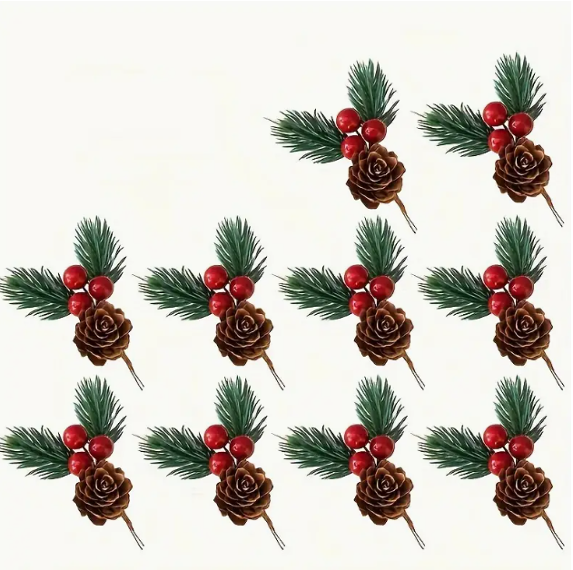 10 pieces set of artificial pines cones and red berries