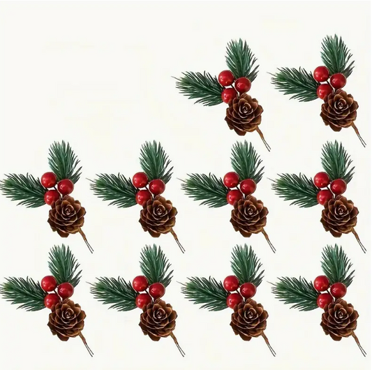 10 pieces set of artificial pines cones and red berries