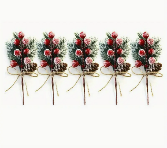 5 pieces artificial flower fake snow frost pine branches with berries selection