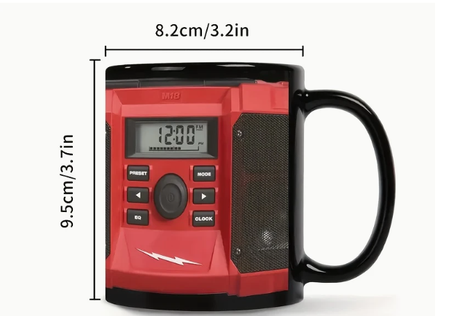 Black and red mug with digital radio design