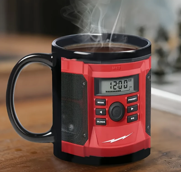 Black and red mug with digital radio design