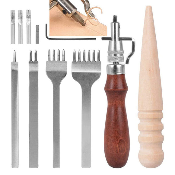 High carbon steel leather crafting tool set for stitch holes (1, 2, 4 and 6) [11 piece set]