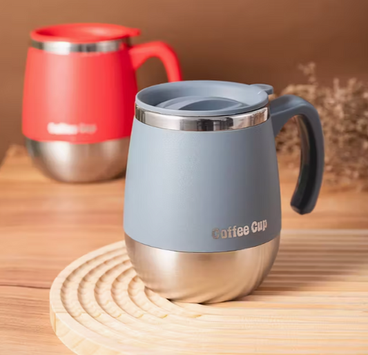 Blue 500ml insulated double-layer stainless steel coffee cup with lid